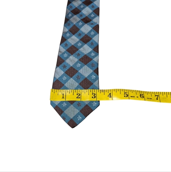 Original Penguin Brown Blue Penguin Silk Narrow Tie Preppy Logo Check - Picture 5 of 6